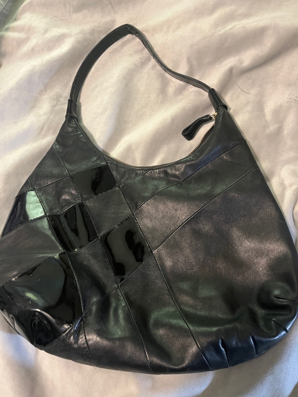 Golden Bleu Black Leather/patent leather Patchwork hobo Bag